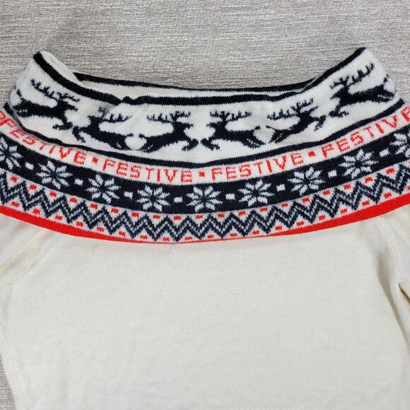 H&M Festive Reindeer Sweater Womens L White Off The Shoulder Holiday Christmas - Picture 7 of 16